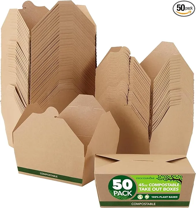 (Set of 50) 45Oz Food Compostable Take Out Containers Disposable, Medium Microwa