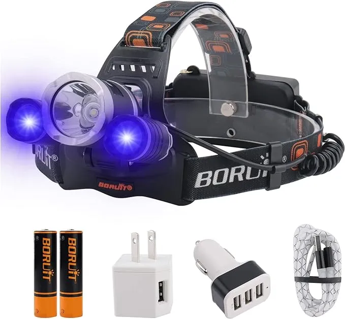 RJ3000 BORUIT LED Black Light Headlamp - Super Bright 5000 Lumens 3 Lighting Modes IPX4 Waterproof Head Lamp USB Rechargeable Head Light for Adults Outdoor Fishing Camping Hunting