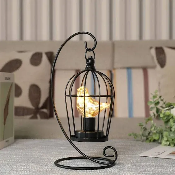 JHY DESIGN Birdcage Bulb Decorative Lamp Battery Operated 13" Tall Cordless Accent Light with Warm White Fairy Lights Bird Bulb for Living Room Bedroom Kitchen Wedding Xmas(Black)