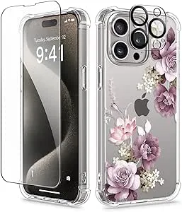 GVIEWIN for iPhone 15 Pro Case Floral, with Screen Protector+Camera Lens Protector, [Not Yellowing] Slim Shockproof Clear Protective Phone Cover for