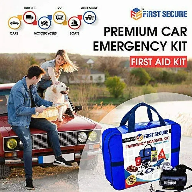 First Secure -90 Piece Car Emergency Roadside &amp; First Aid Kit Emergency Tool Kit