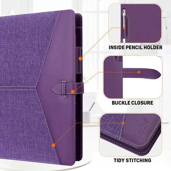 Toplive Padfolio 3 Ring Binder Organizer Business Portfolio Folder for Women, A4/ Letter Size PU Leather Portfolio Padfolio for Interview Conference Presentation, Purple