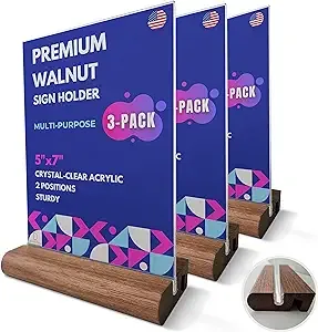 Premium Menu Holder Set 3-Pack - 5X7 In Walnut Wood Base and Crystal-Clear Ac...