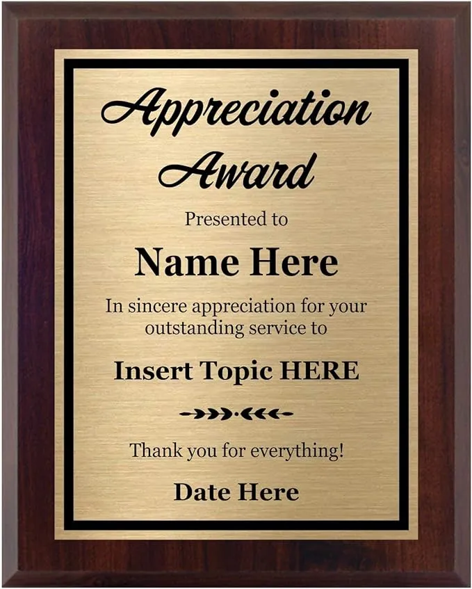 Appreciation Award Plaque Customized 8x10 - Personalized Awards and Trophies for Employee Recognition - Custom Plaques with Your Text - Customize