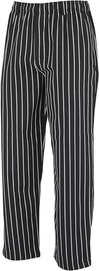 Mercer Culinary Medium Millennia Unisex Black Cook Pants with White Chalk Stripe