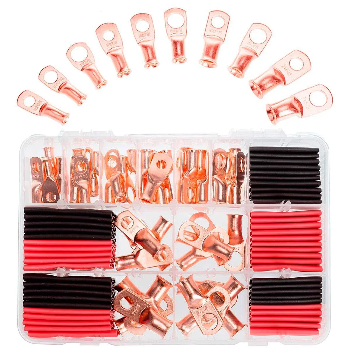 100PCS Copper Wire Lugs Gauge 8 6 4 2 Electrical Cable Battery Terminal Connectors with 3:1 Heat Shrink Tubings Assortment Kit