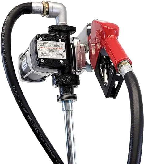 Macnaught M3 12V 20GPM 1" High Flow Fuel Transfer Pump. Nozzle, Discharge Hose, Expandable to 36" net Length Steel Suction Pipe. CSA Certified for Gas, Diesel, Kerosene, and Mineral Spirits.