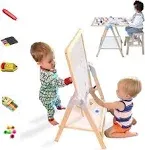 QZMTOY Kids Art Easel, Deluxe Standing Easel Set, Adjustable Art Table, Magnetic Dry Erase Board&Chalkboard Double Sided Stand, 360°Rotating Drawing Easels with Art Supplies, Adjust Height 28-39in