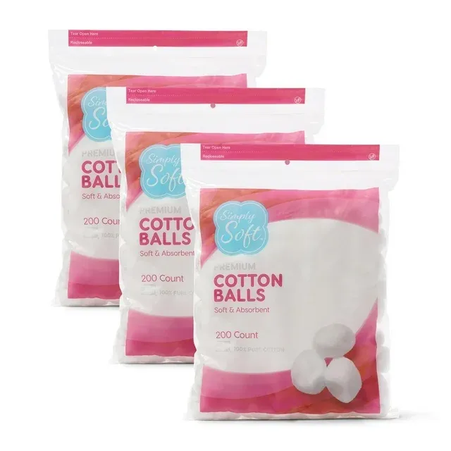 Simply Soft Premium Cotton Balls, 100% Pure Cotton, Absorbent, 200 Count (Pack of 3)