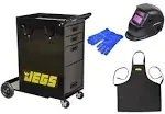 JEGS Welding Cart with Drawers and Welding Tank Platform - Fits Most MIG, TIG, ARC Welding Machines, Plasma Cutter - Steel Constructed and Black Powder Coat Finished Welding Table with Locking Wheels