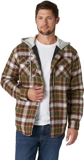 Wrangler Authentics Men's Long Sleeve Quilted Lined Flannel Shirt Jacket with Hood