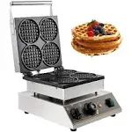 VEVOR Commercial Waffle Maker, 4pcs Round Waffle Iron, Non-Stick Industrial Belgian Waffle Maker Stainless Steel 110V Temp and Time Control, Suitable for Restaurant Bakeries Snack Bar Family