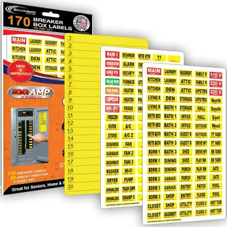 170 Circuit Breaker Decals - 100 AMP Set - Vinyl Labels for Breaker Panel Boxes - for Home or Office, Apartments and Electricians - Place on Directory, Switch or Fuse - Bright “Easy Read” Color.