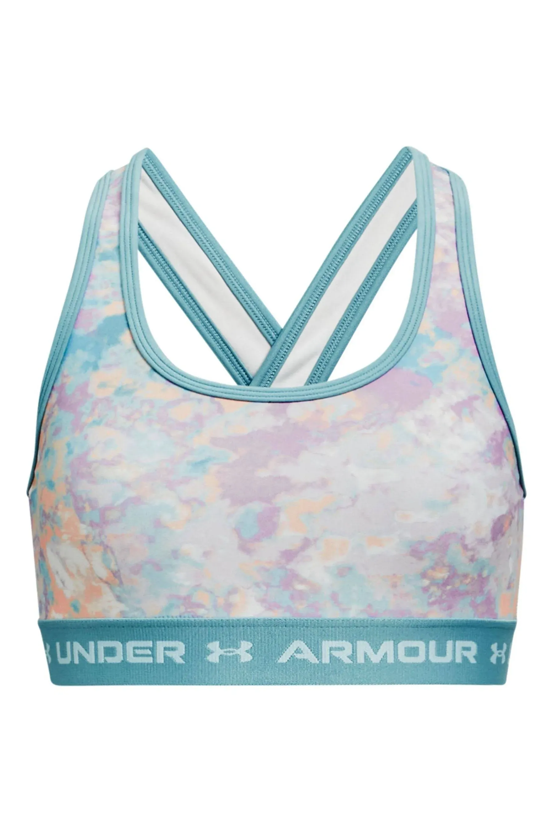 Under Armour Girls' Crossback Mid Printed Bra, XS, White/Opal Blue