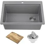 Kraus KGTW12-28MGR Bellucci 28 inch Granite Composite Workstation Drop-In Top Mount Single Bowl Kitchen Sink with Accessories, Metallic Grey