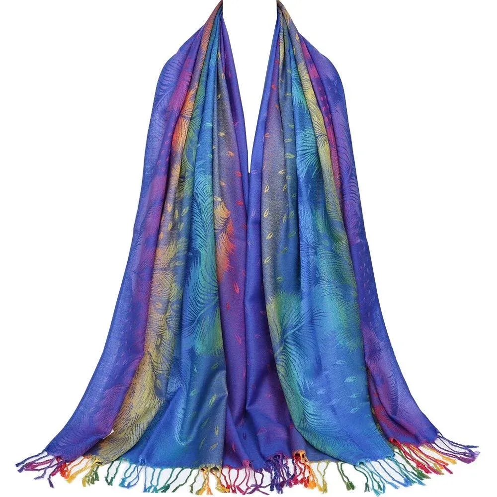 Colorful flowers Jacquard cotton pashmina Women Wrap Shawl tassels Scarves (T...