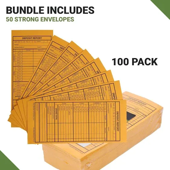 100 Cash Drop Envelopes - Bulk Cashier Deposit Envelopes for Cash Recordkeeping, Perfect for Business, Banks, Stores, Retail and Restaurants (Yellow Kraft)