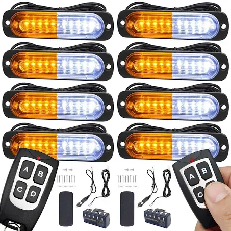 Led Strobe Lights for Trucks Vehicles Suvs, 12-24 8pcs Emergency Warning Caution Hazard Construction Ultra Slim Sync Car with Control Box Surface Mount (White Amber)