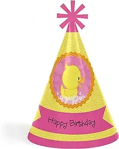 Pink Ducky Duck - Cone Happy Birthday Party Hats - Set of 8 (Standard Size)