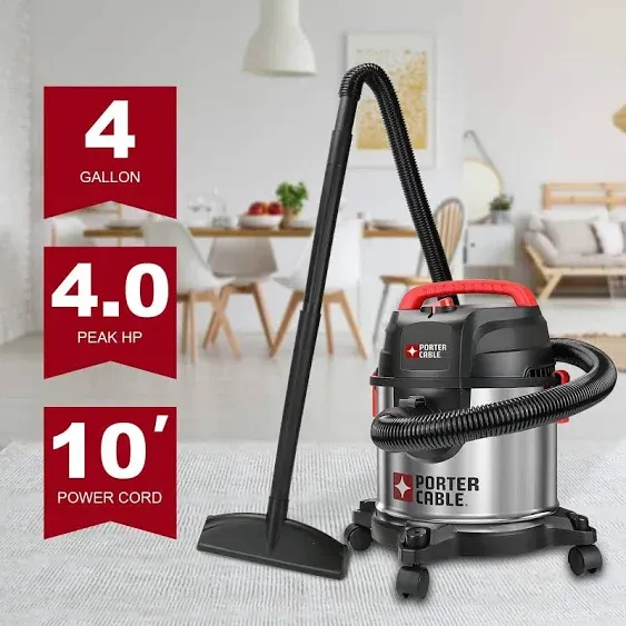 PORTER-CABLE 4 Gallon Shop Vacuum, 3 in 1 Wet Dry Vacuum with Blower, Shop Vacuum Ideal for Job Site, Garage, Basement, Powerful 4 Peak HP Suction, Stainless Steel Tank with Handle, Model: PCX18301-4B