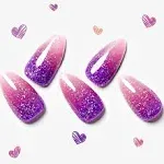 GLAMERMAID Hamdmade Thermo Press on Nails Gel Medium Almond Glitter Purple Pink Ombre Fake Nails Short Stiletto