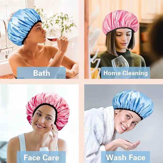 Auban Shower Cap for Women, Adjustable Reusable, Extra Large, Double-Layer Waterproof Bathing cap, Waterproof Exterior, EVA Lining, Hair Cap for All Hair Lengths, 3 Colors