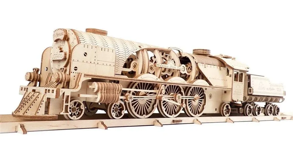 U Gears V-Express Steam Train with Tender Mechanical Wood Model Kit, NEW