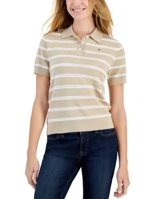 "Women's Textured-Stripe Polo Sweater"