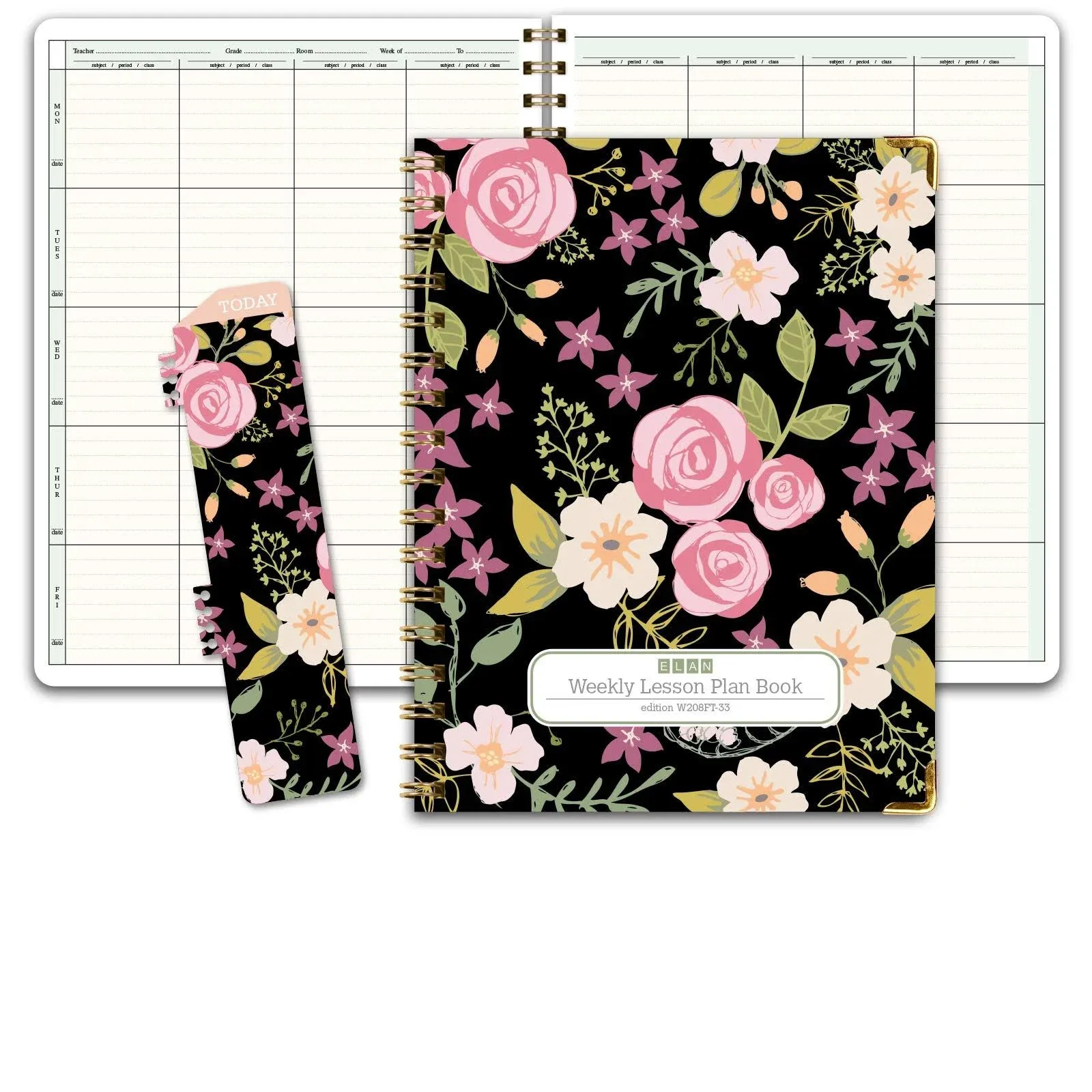 HARDCOVER 8 Period Teacher Lesson Plan (W208 - Black Floral) - W208FT-33