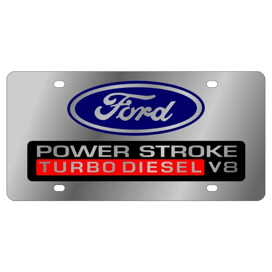 Eurosport Daytona® 1578-1 - Ford Motor Company Polished License Plate with Black Power Stroke Turbo Diesel V8 Logo and Ford Emblem