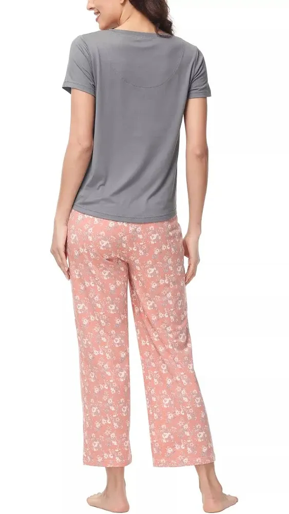 Ink & Ivy Women's Short Sleeve Tee/Calico Pattern Pants Pajama Set