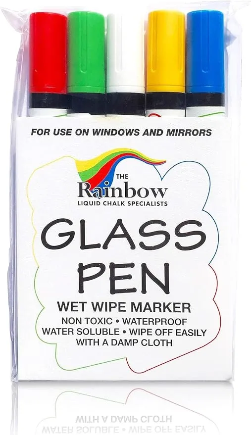 Rainbow Chalk Markers Glass Pen - 5 Pack Assorted for Writing on Windows & Glass