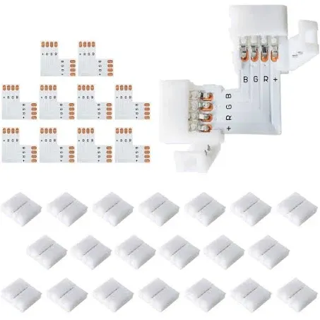 JACKYLED T Shape 4-Pin LED Connectors 10-Pack 10mm Wide Unwired Solderless Gapless Adapter Connectors Terminal Extension 12V 72W with 32pcs Clips for 5050 3528 SMD RGB LED Strip Lights