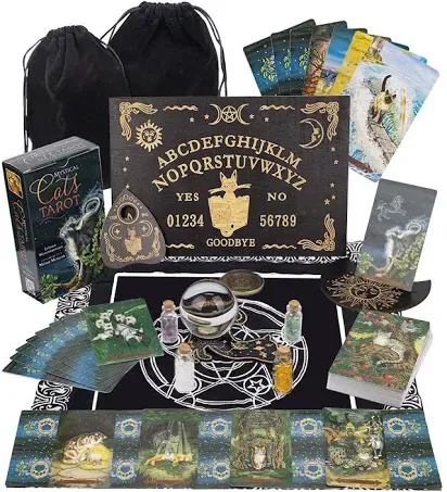 Mystical Divination Kit-Spirit Board, Cat Tarot Cards, Crystal and Cloth, with Card Holder and Tarot Coin - Explore Enigmatic Gateway of Destiny!（Cat Style）