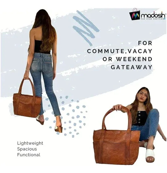 Madosh Vintage Genuine Leather Women's Tote Style Shoulder Handbag Valentine Gift Shopper Brown 16” Bag