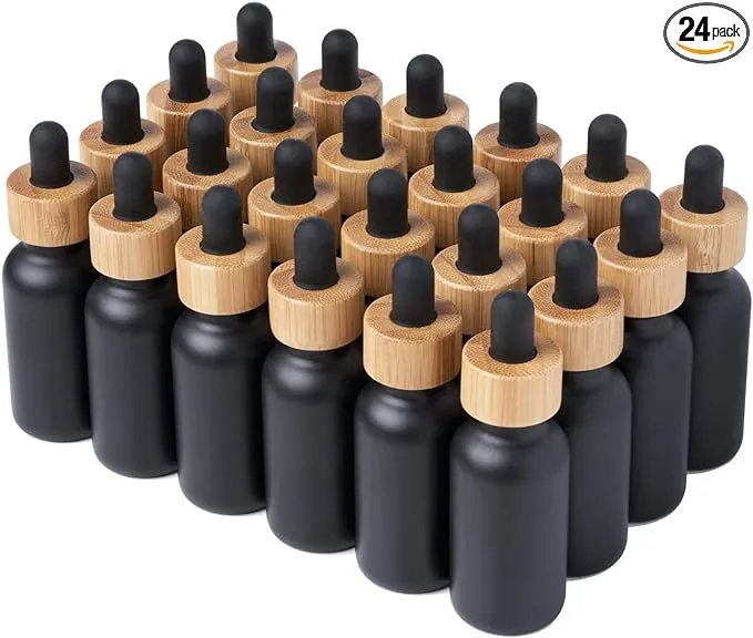 24 Pack Black Coated Boston Round Glass Bottles Jar With Black Bamboo dropper cap, 1oz