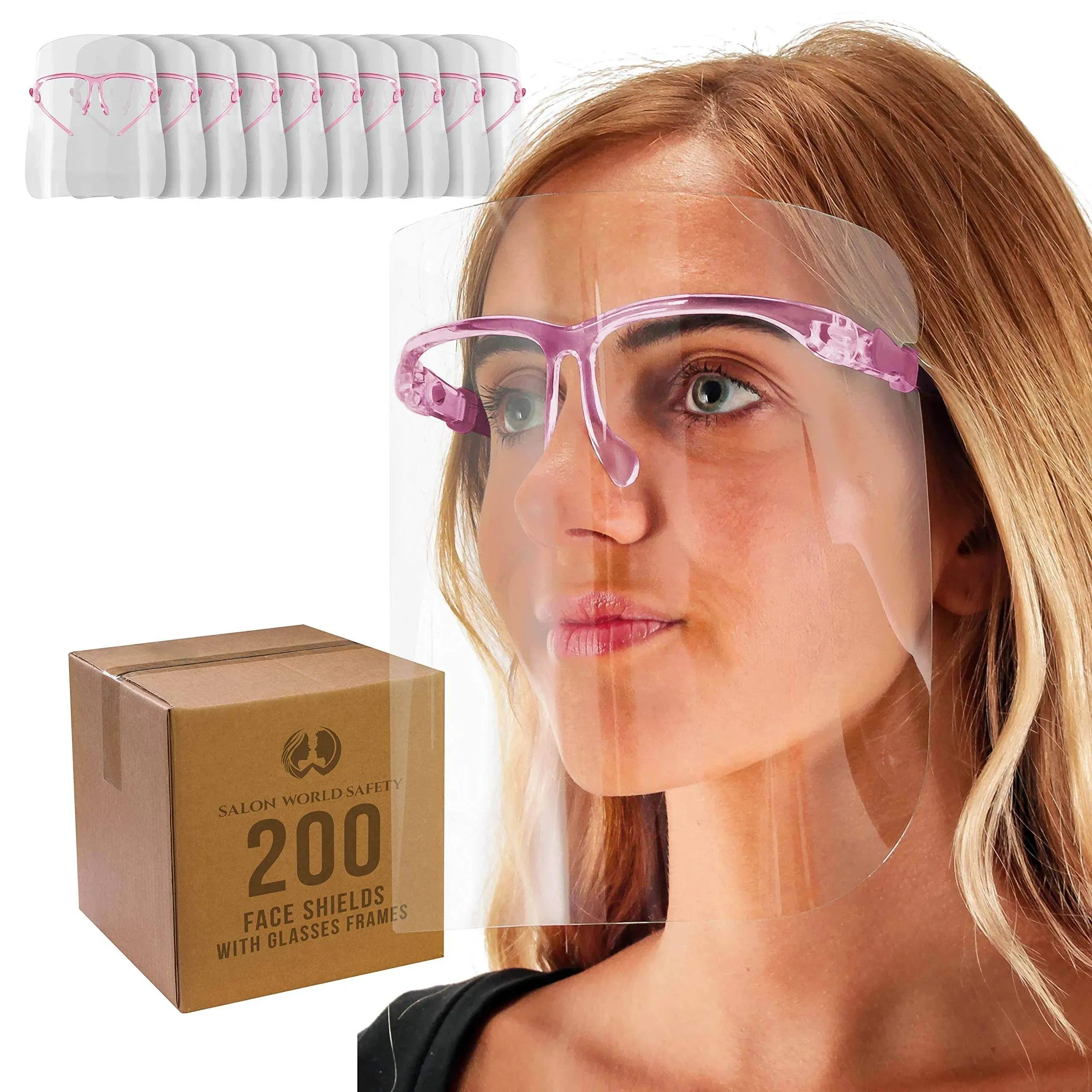 Salon World Safety Pink Face Shields with Glasses Frames (200 Pack) - Anti-Fog