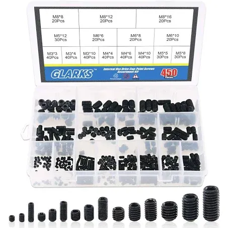 Rustark 450pcs M3/M4/M5/M6/M8 Allen Head Socket Hex Grub Screw Set Assortment Kit with Internal Hex Drive - 12.9 Class Black Alloy Steel