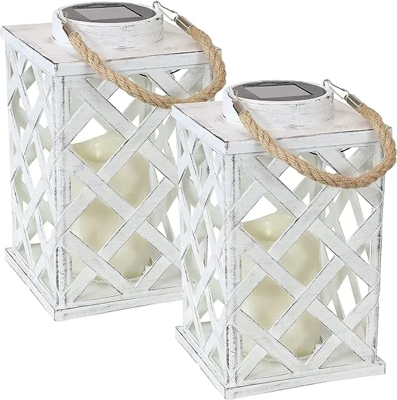 Sunnydaze Modern Crosshatch Outdoor Solar Lantern - 9 in - White - Set of 2