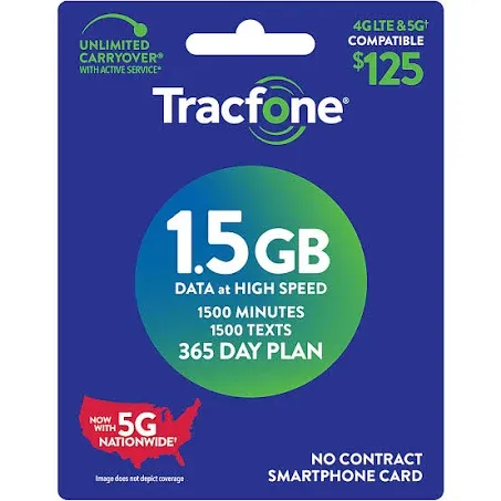 Tracfone - $125 Smartphone 1.5 GB of data 1-Year - Prepaid Plan (Email Delivery) [Digital]