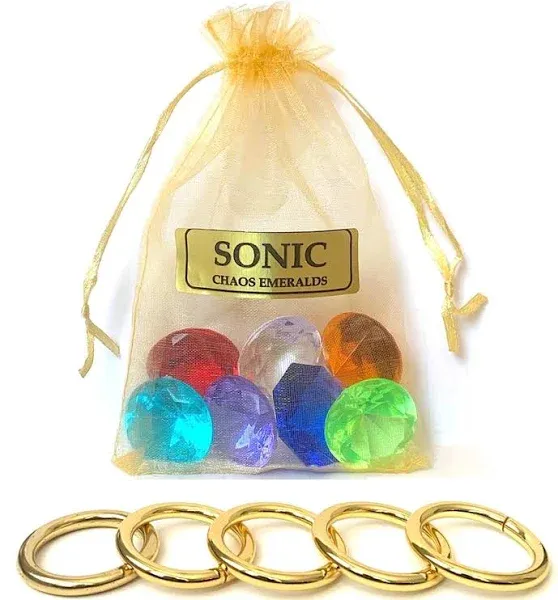 More Toys Sonic - 7 Chaos Emeralds Gems & 5 Gold Power Rings - In A Gift Bag