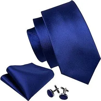 Barry.Wang Plain Men Silk Ties Extra Long Stian Necktie for Wedding Business Handkerchief Cufflinks Set Solid Colors