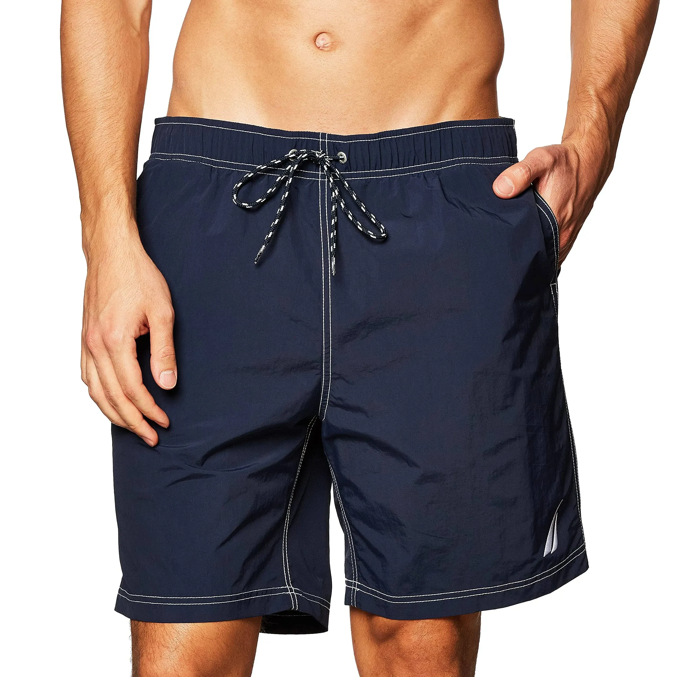 Nautica Men&#039;s Standard Solid Quick Dry Classic Logo Swim Trunk, Navy, Large