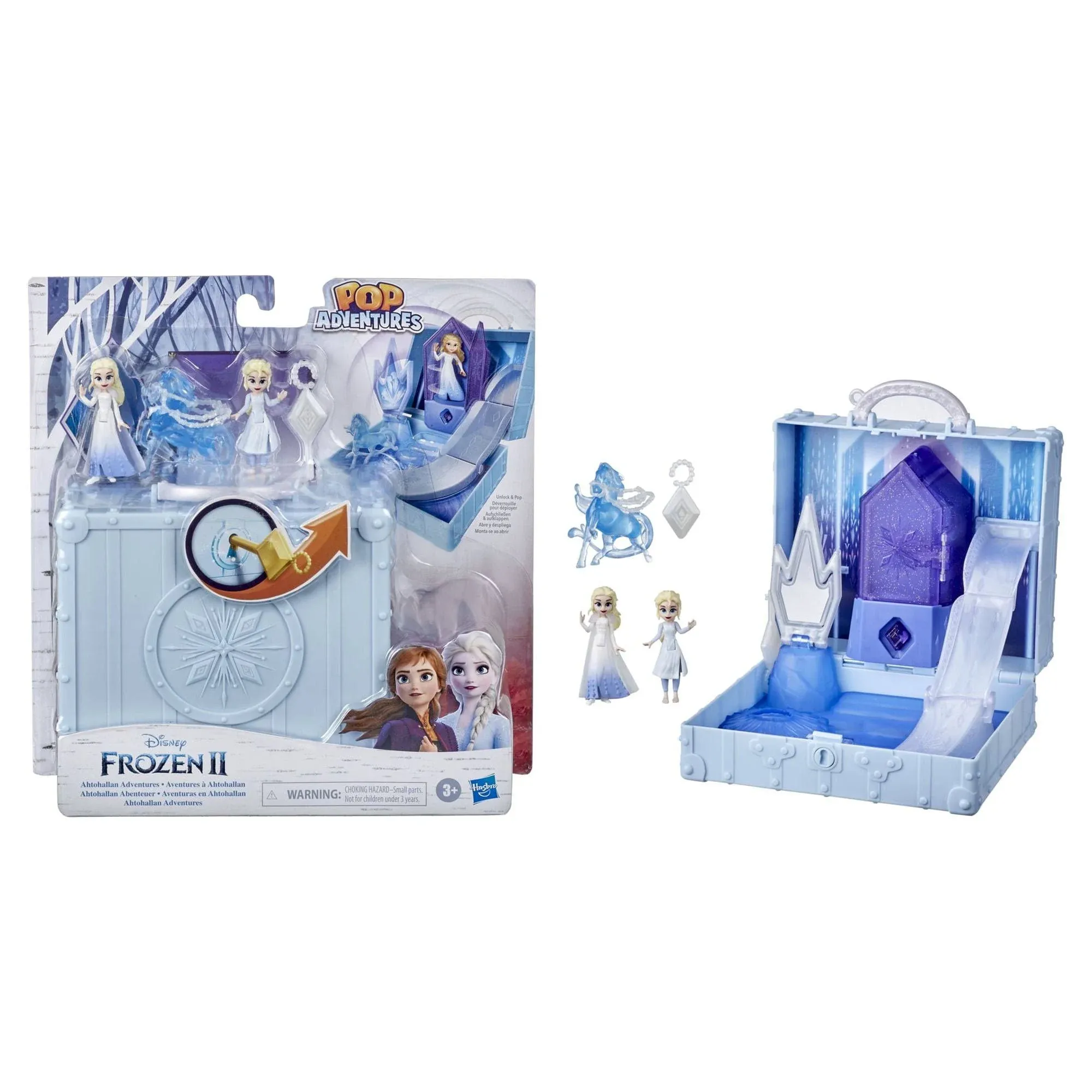 FROZEN 2 POP UP AHTOHALLAN ADVENTURES, 2 ELSA DOLLS, BLUE HORSE BRIDLE, KEY 