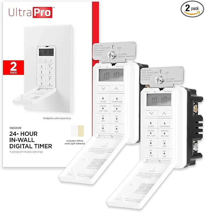 UltraPro 24-Hour Digital In-Wall Timer, Easy-to-Program, Presets, Countdown Timer, ON/OFF Override Button, Light Timer For Indoor Lighting, Porch, Seasonal, Timer Switch, Light Timers, 2 Pack, 47941