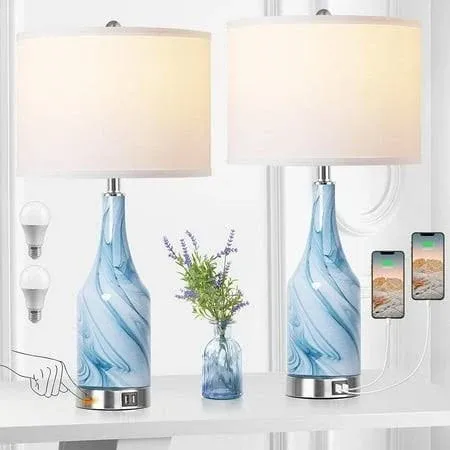 Blue Glass Table Lamps for Bedrooms Set of 2 Modern 3-Way Dimmable Touch Blue ...