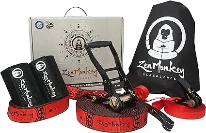 ZenMonkey Slackline Kit with Overhead Training Line, Arm Trainer, Tree Protectors, Cloth Carry Bag and Instructions, 60 Foot - Easy Setup for The Family, Kids and Adults