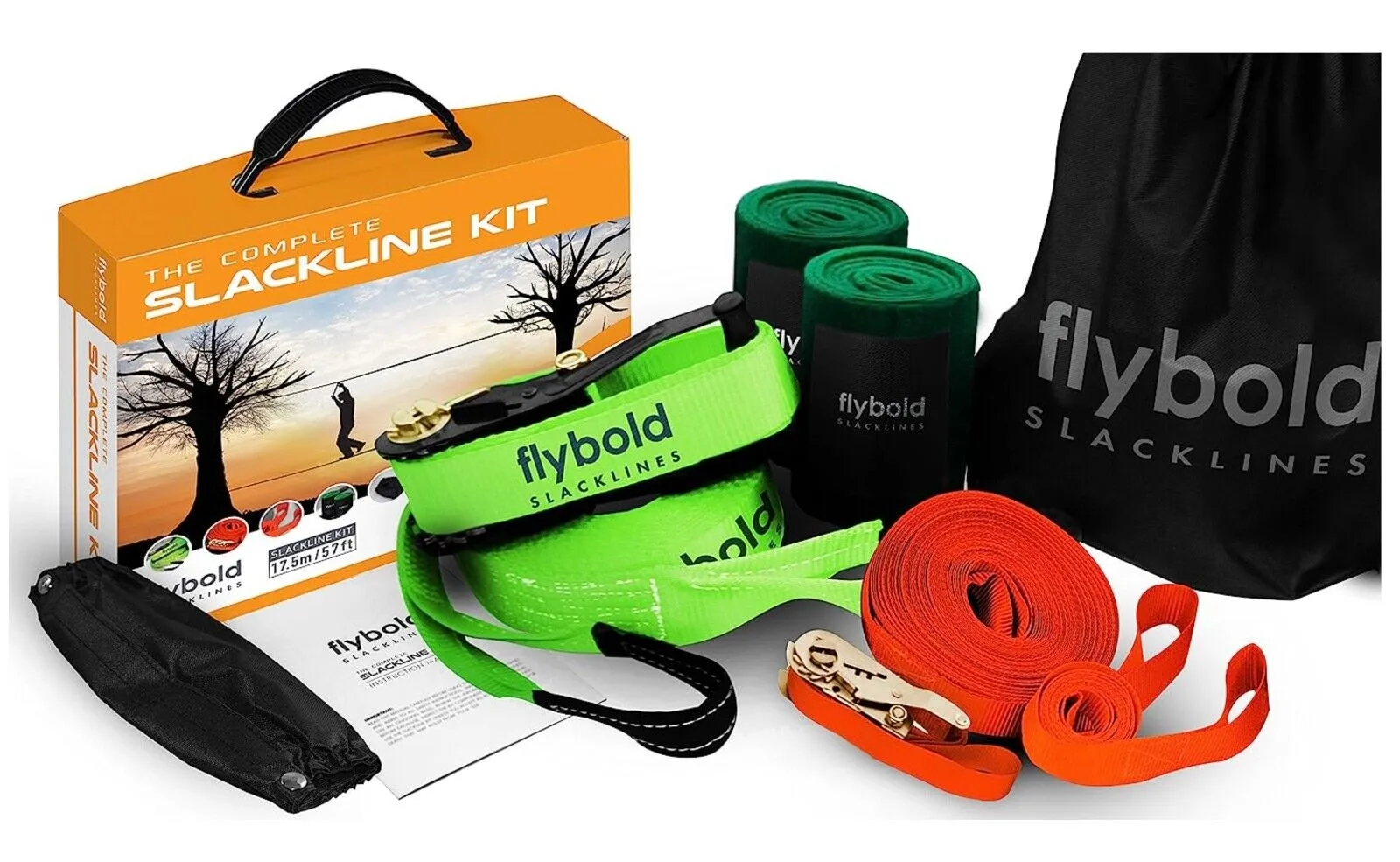 flybold Slackline Kit with Training Line - 57 ft Kids Backyard Slack Line Equipment - Balance Rope w/Tree Protectors, Arm Trainer, Ratchet Cover & Carry Bag - 57 ft Tight Rope for Kids and Adults