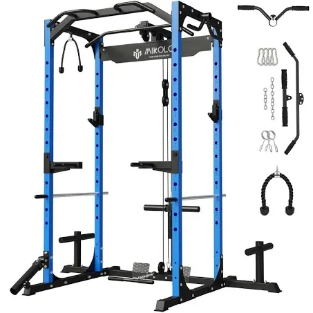 Mikolo Power Cage, Power Rack with LAT Pulldown, 1200 Pounds Capacity Workout Cage with More Training Attachments, Squat Rack for Home Gym, F4 Versions