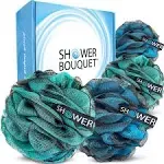 Shower Bouquet Loofah-Charcoal Bath-Sponge-Blue-Green XL-75g Extra Large 4 Pack, Soft Mesh Color & Black Set, Loufa Puff - Exfoliating Body Scrubber